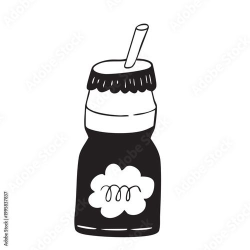 Inverted minimalist bottle icon with black body and white curly label.