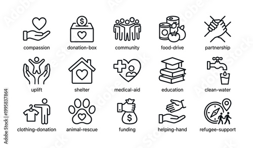 Charity icons displayed in rows on white background