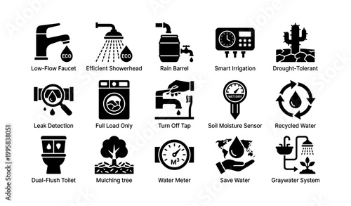 Water conservation icons showing fixtures and practices grid
