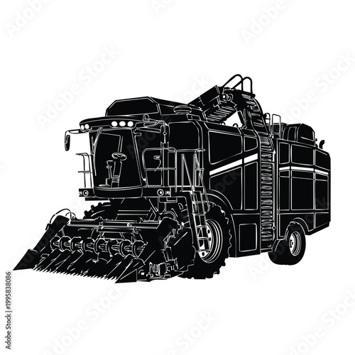 Cotton picker machinery silhouette set bundle, agriculture farm equipment.