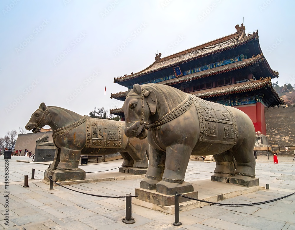 Fototapeta premium Ancient stone elephant and horse statues.
