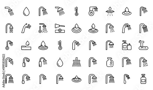Minimal shower line icons set of eighty editable stroke bathroom hygiene symbols collection isolated on white background