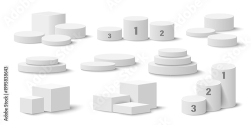 Realistic 3d podium, winner pedestal, circle display stage. White empty museum exhibition pillars, square product showroom displays vector set