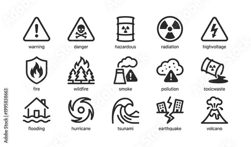 Hazard and natural disaster warning icons arranged in grid