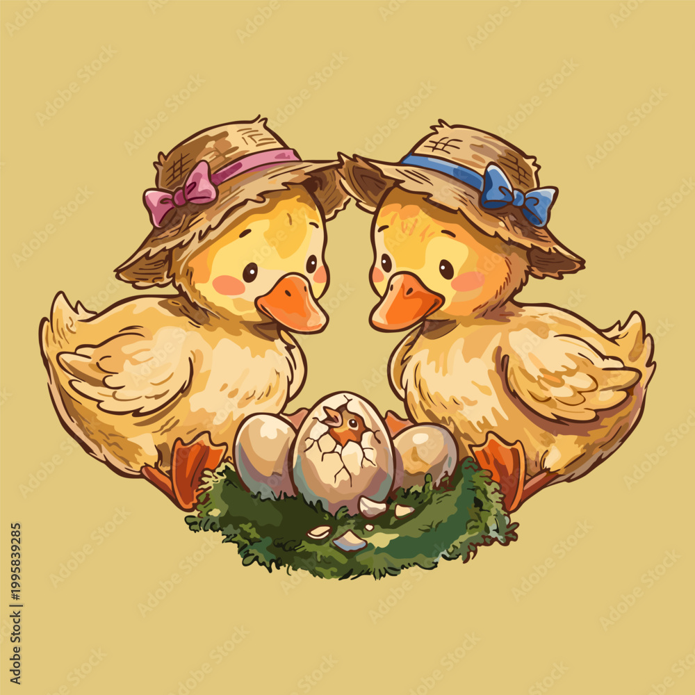 Naklejka premium Cute baby duck family wearing straw hats watching a duckling hatching from an egg in a nest, hand-drawn watercolor style vector illustration on a warm yellow background