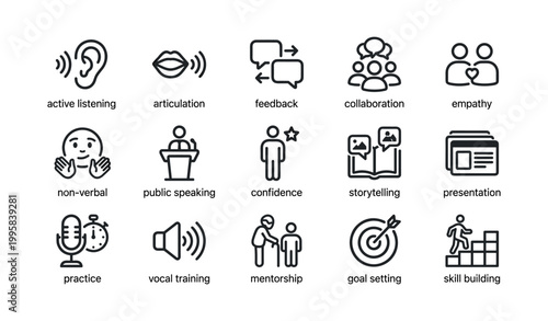 Communication icons showing speaking and listening on white background