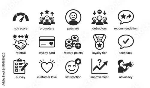 Customer loyalty and feedback icons arranged in grid on white