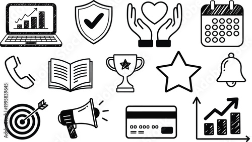 Set of hand drawn doodle business icons isolated on transparent background