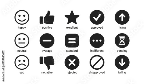 Sentiment and status icons arranged in grid on white background