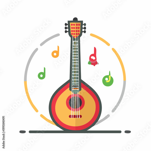Flat Design Illustration of a Portuguese Guitar with Musical Notes