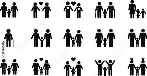 Family and Relationship Icons, Different Family Types and Bonding Illustrations