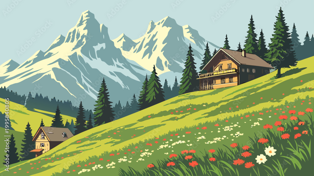 Fototapeta premium Scenic alpine landscape with wooden cabins and mountain peaks in spring