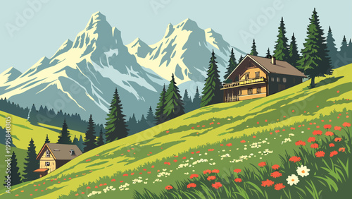Scenic alpine landscape with wooden cabins and mountain peaks in spring
