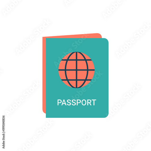 Illustration of a vibrant minimalist passport design with bold teal and orange colors featuring a globe symbol on the cover