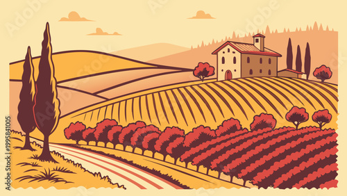 Vineyard estate illustration with cypress trees at sunset vineyard landscape