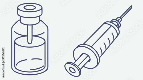 Medical vaccine glass vial and hypodermic syringe icon set with medicine