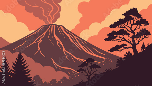 Volcanic eruption landscape with smoke clouds and pine trees eruption mountain