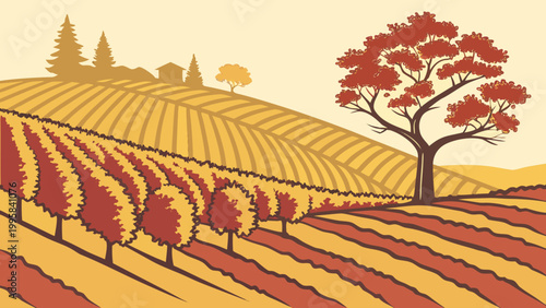 Rolling vineyards landscape with autumnal trees and hilly terrain, vineyard