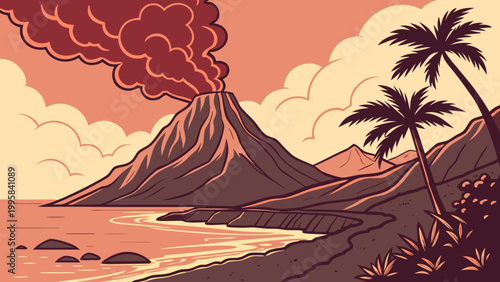 Tropical volcanic eruption near ocean beach and palm trees with tropical