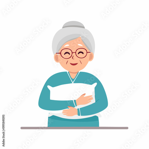 Happy elderly woman holding a pillow