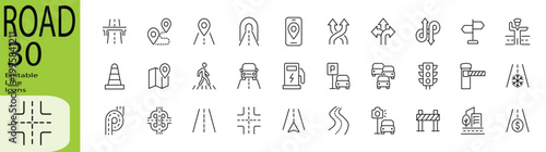 Road icon set. Editable stroke.