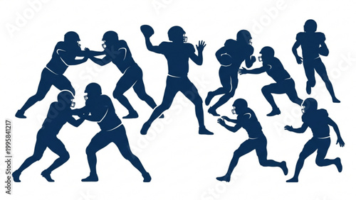 American Football Players Silhouettes in Action Poses Set