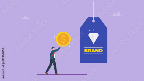 Customer holding money coin for buying premium or best quality product. Business branding and marketing advertising promotion, brand awareness campaign concept.