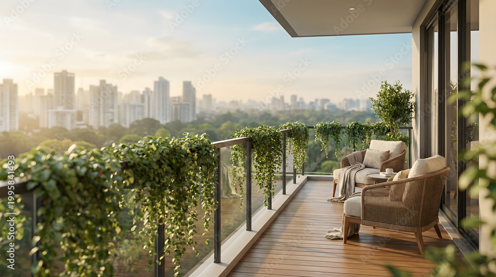 Obraz premium Expansive modern urban balcony with woven rattan chairs and lush hanging vines overlooking city haze and green parklands at golden hour