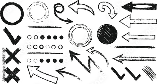 Black Grunge Vector Element Set with Hand Drawn Arrows and Circles