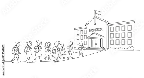 Children walking to school building with flag flying high outdoors