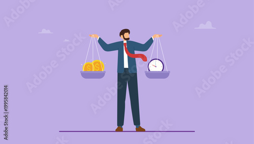 Businessman employee hold scales in hands have balance work and life. Find perfect balance between money and time, work life balance concept.
