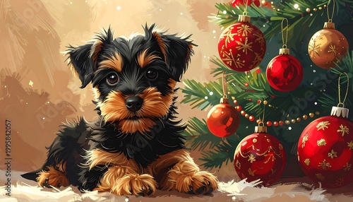 Adorable puppy by Christmas tree.