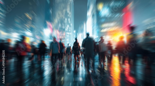 A blurred cityscape with people walking, symbolizing the fast-paced and dynamic nature of business in an urban environment.