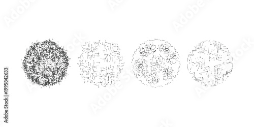 Set of four different black and white tree top view sketches for architecture and landscape design