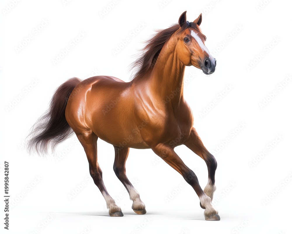 Obraz premium Majestic Chestnut Horse Galloping with Flowing Mane Against a Clean White Background