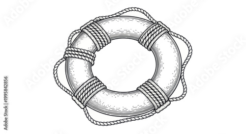 Vintage Lifebuoy with Rope - Hand-Drawn Sketch Style