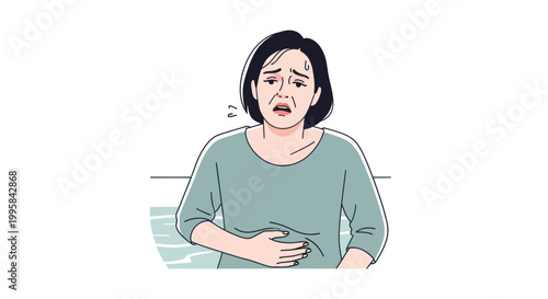Woman experiencing stomach pain and discomfort, feeling unwell