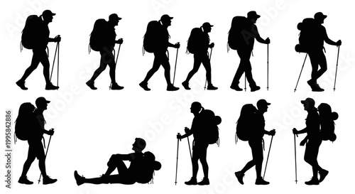 Backpacking Silhouettes: Hikers in Various Poses with Backpacks and Poles