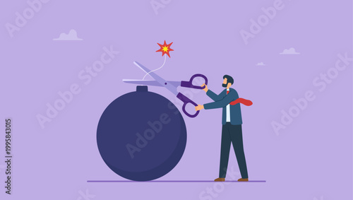 Businessman holding scissors to cut the burning bomb fuse to relieve the crisis. Business economic crisis concept.