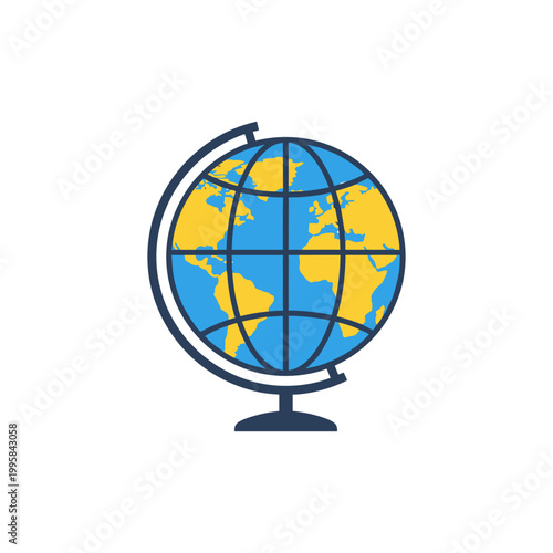 Colorful globe on a stand symbolizing global connection and education in a minimalist style with blue and yellow tones