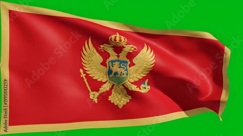 Montenegro flag waving in the wind with a green screen background.