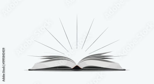 An open book radiates light from its pages on a plain surface