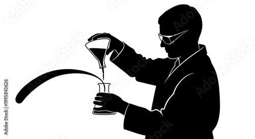 Scientist Pouring Liquid from Funnel into Beaker, Silhouette