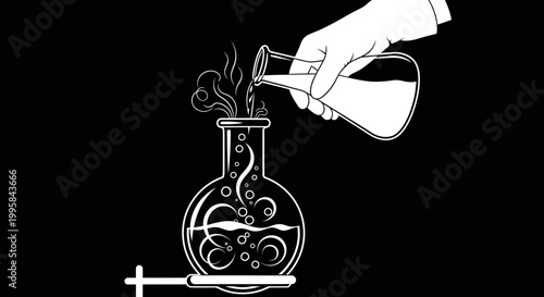 Scientist pouring liquid into flask, chemical reaction with bubbles and steam