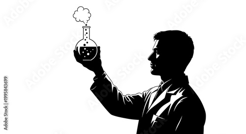 Scientist Silhouette Holding Flask with Bubbles and Smoke