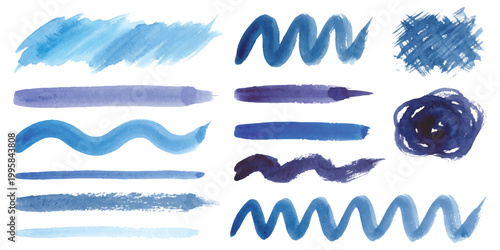 Set of blue watercolor paint brush strokes and ink scribbles for design elements