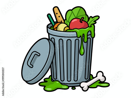 Cartoon of a overflowing trash can with rotting food and a bone garbage waste