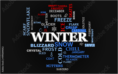 A professional typography-based winter season word cloud vector illustration. The central bold text 'WINTER' is surrounded by seasonal keywords such as 'SNOW', 'ICE', 'FROST',  'BLIZZARD' 