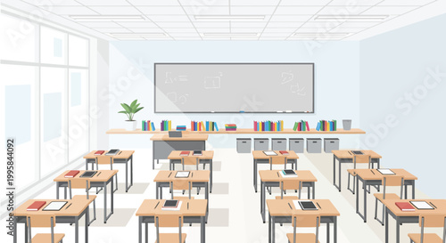 A well-lit classroom with desks and chairs arranged neatly facing a large empty whiteboard on the wall