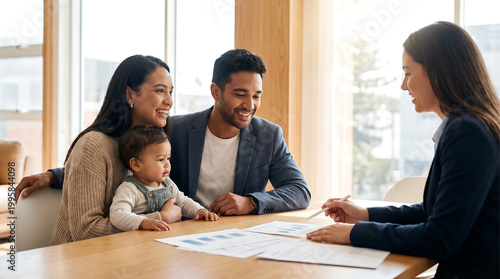 Smiling diverse family with baby sitting at table in office with financial advisor, discussing documents and planning for future, feeling hopeful and secure